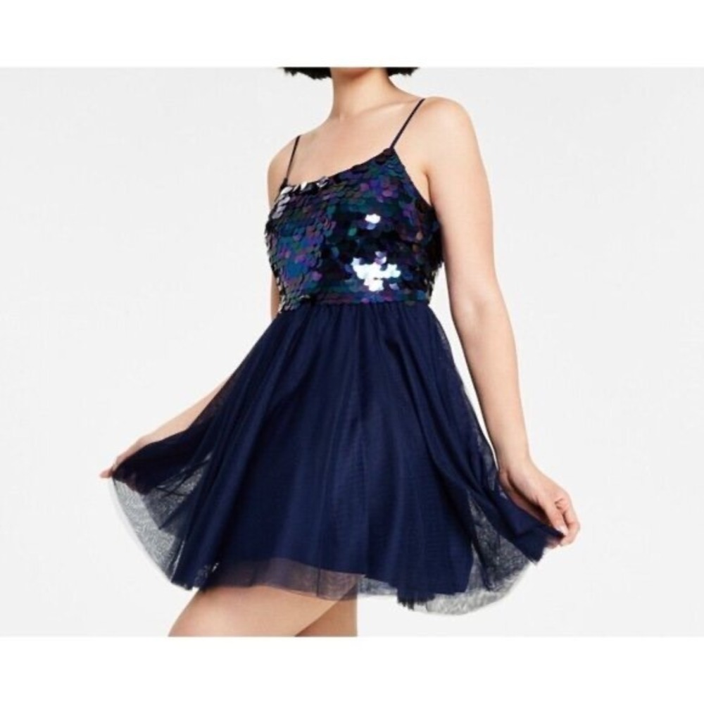 City Studio Navy Blue Iridescent Sequin Tulle Mini Dress 15/16 Homecoming Party